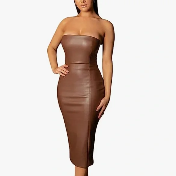 brown faux leather midi dress Allyn Faux Leather Midi Dress main image 0